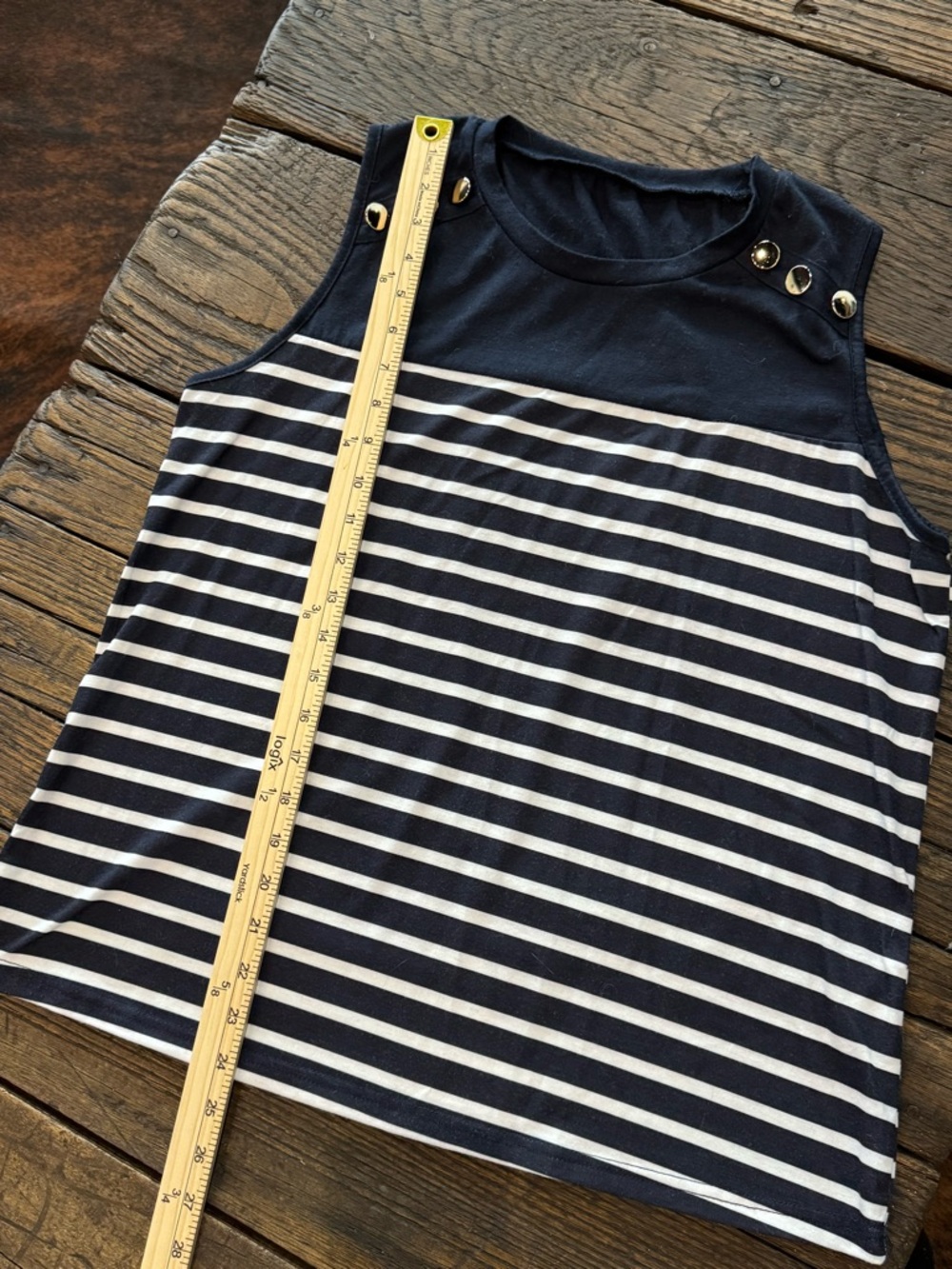 Navy and White Striped Sleeveless Top with Gold Button Detail Womens Large - Picture 5 of 5